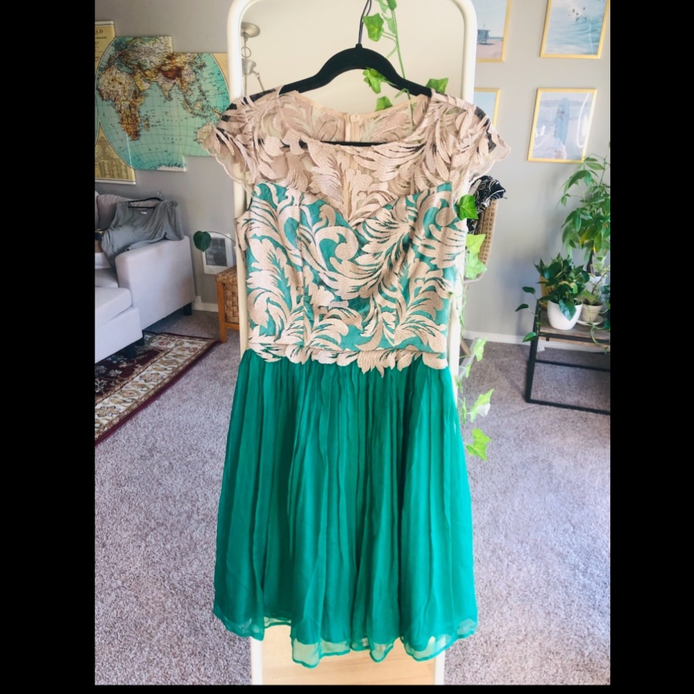 Green and Gold Lace Flare Dress